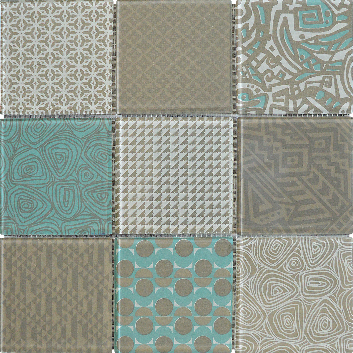 4"x4" Beige Green Glass Geometric Random Pattern Mosaic